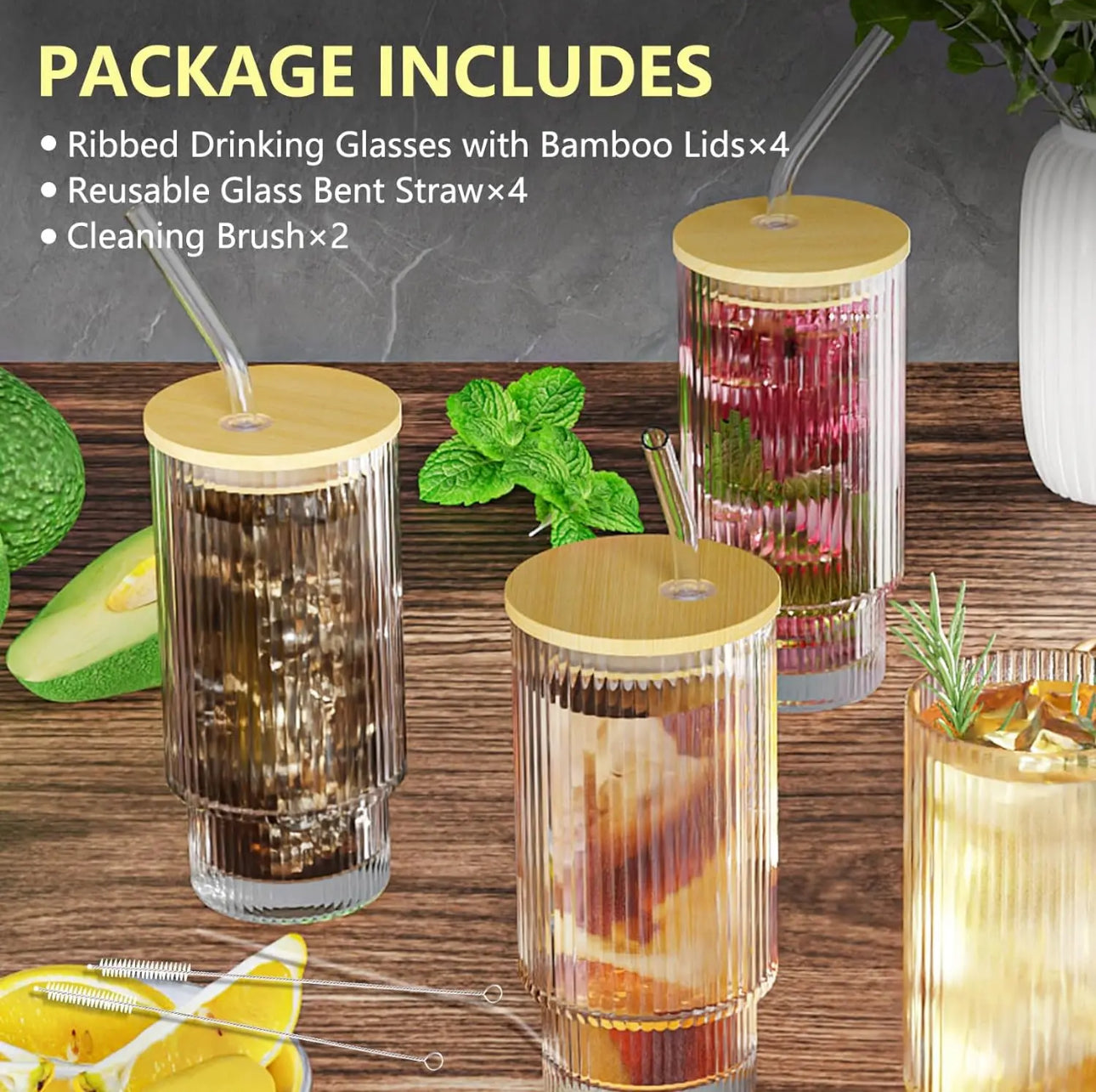 Set of 4 ribbed glass , with lid & straws