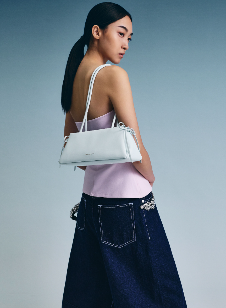 Charles & Keith - Hazel Bow Elongated Trapeze Shoulder Bag- Blue