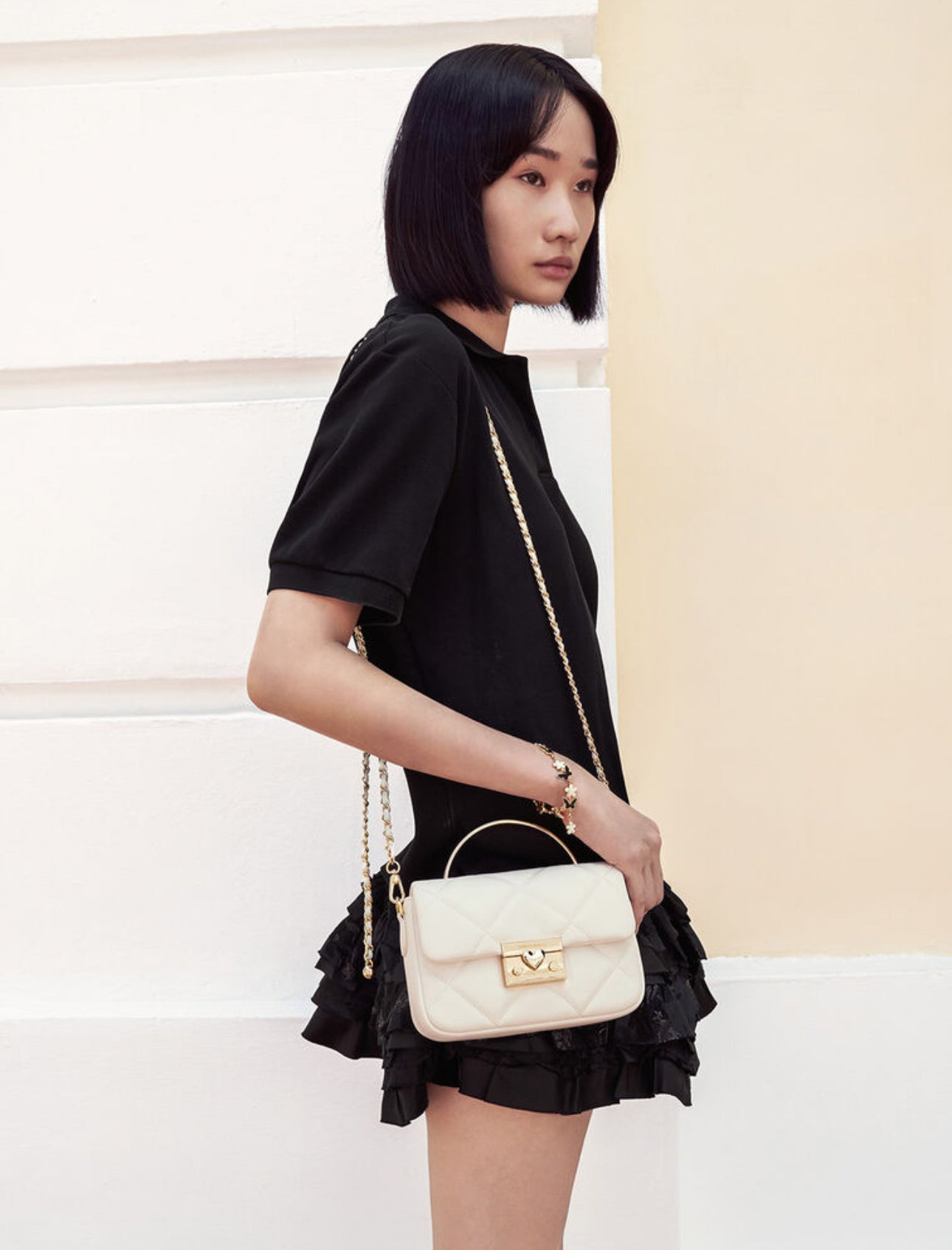 Charles & Keith Quilted Boxy Top Handle Bag - ivory