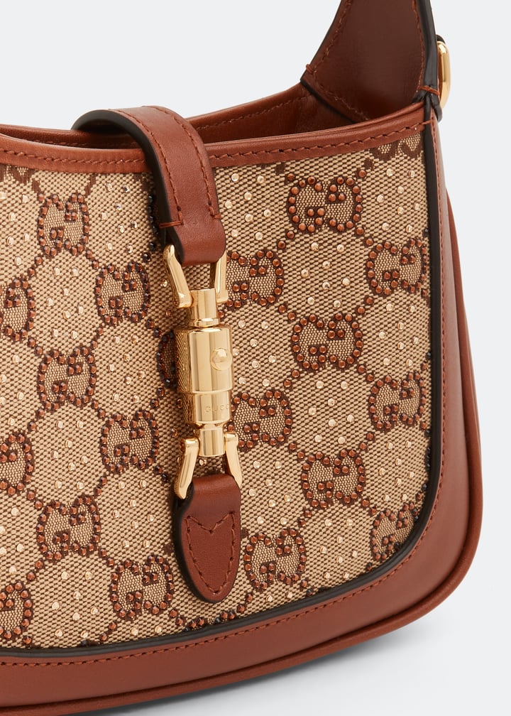 Gucci Brown Leather/Satin Crystal GG Jackie 1961 Mini Bag