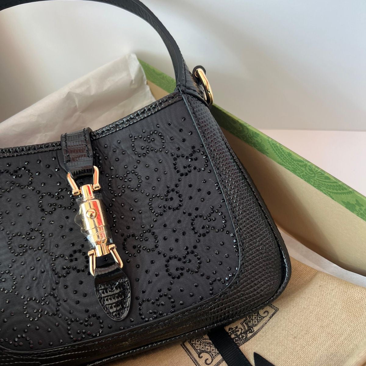 Gucci Black Leather/Satin Crystal GG Jackie 1961 Mini Bag