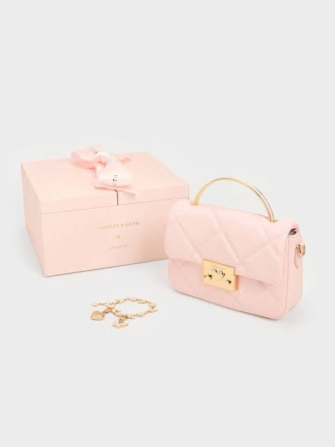 Charles & Keith Quilted Boxy Top Handle Bag - Pink