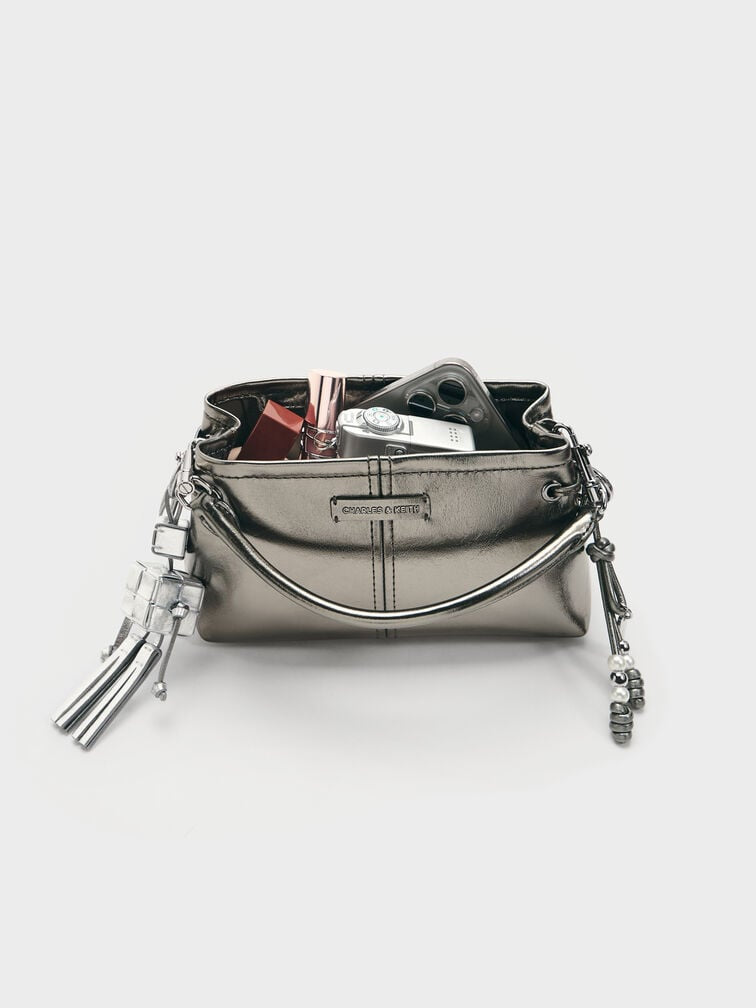 Noane Metallic Top Handle Bag - Pewter