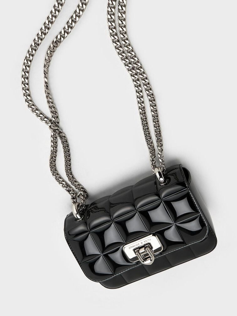 C & K Patent Square-Quilted Chain-Handle Bag - Noir