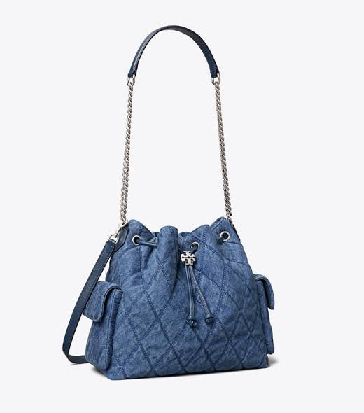 Tory Burch CHARLIE Denim QUILTED DRAWSTRING SHOULDER BAG