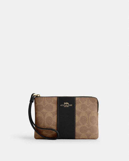 Coach Corner Zip Wristlet In Signature Canvas With Stripe