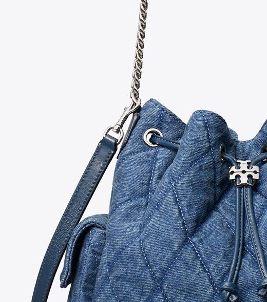 Tory Burch CHARLIE Denim QUILTED DRAWSTRING SHOULDER BAG
