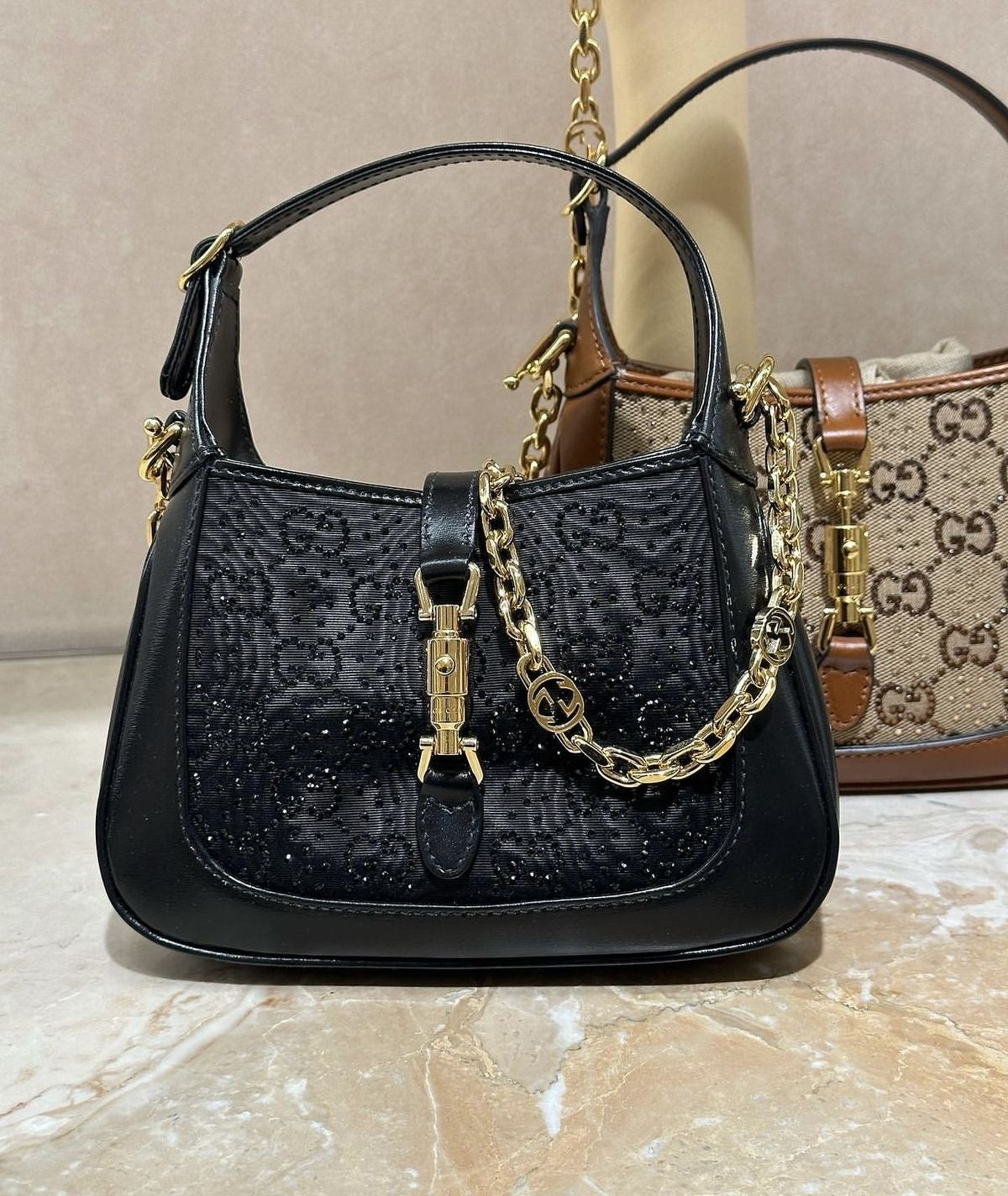 Gucci Black Leather/Satin Crystal GG Jackie 1961 Mini Bag