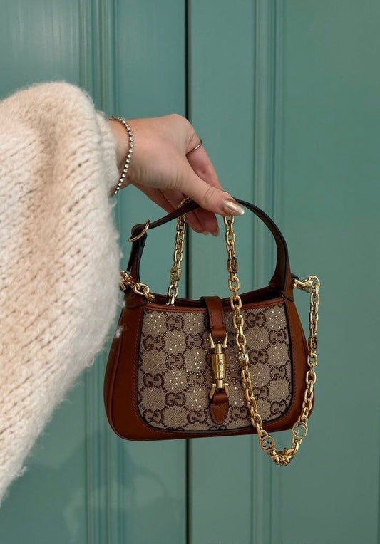 Gucci Brown Leather/Satin Crystal GG Jackie 1961 Mini Bag