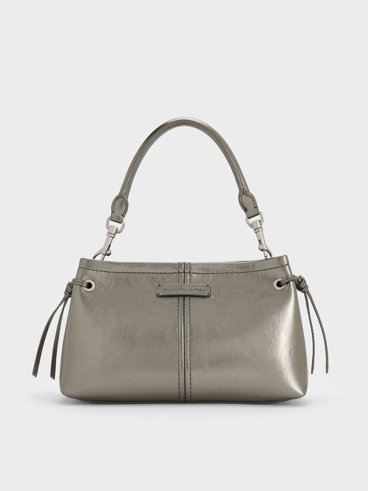 Noane Metallic Top Handle Bag - Pewter