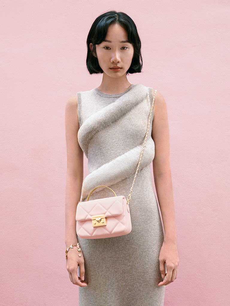 Charles & Keith Quilted Boxy Top Handle Bag - Pink