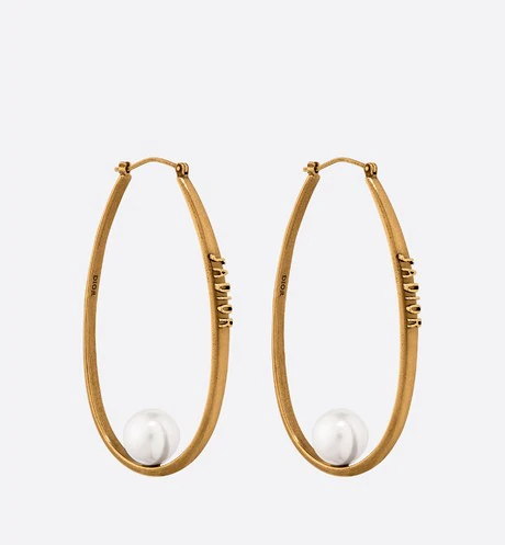Dior Antique Gold Tone Faux Pearl J'Adior Hoop Earrings