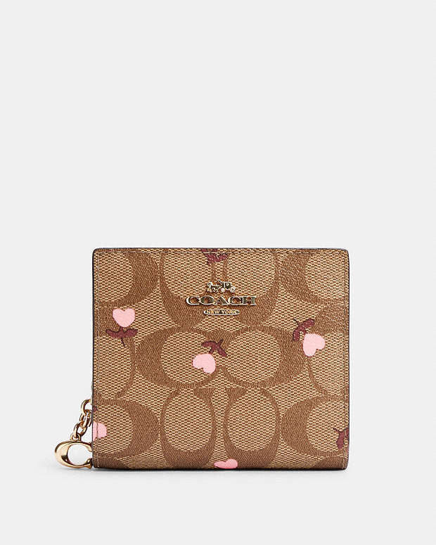 Coach Snap Wallet In Signature Canvas With Heart Floral Print