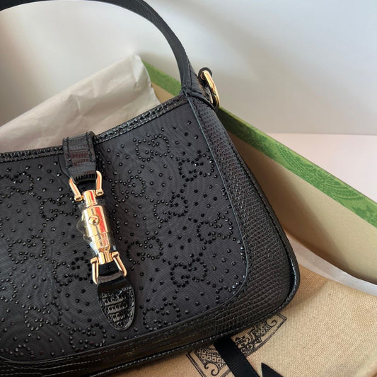 Gucci Black Leather/Satin Crystal GG Jackie 1961 Mini Bag