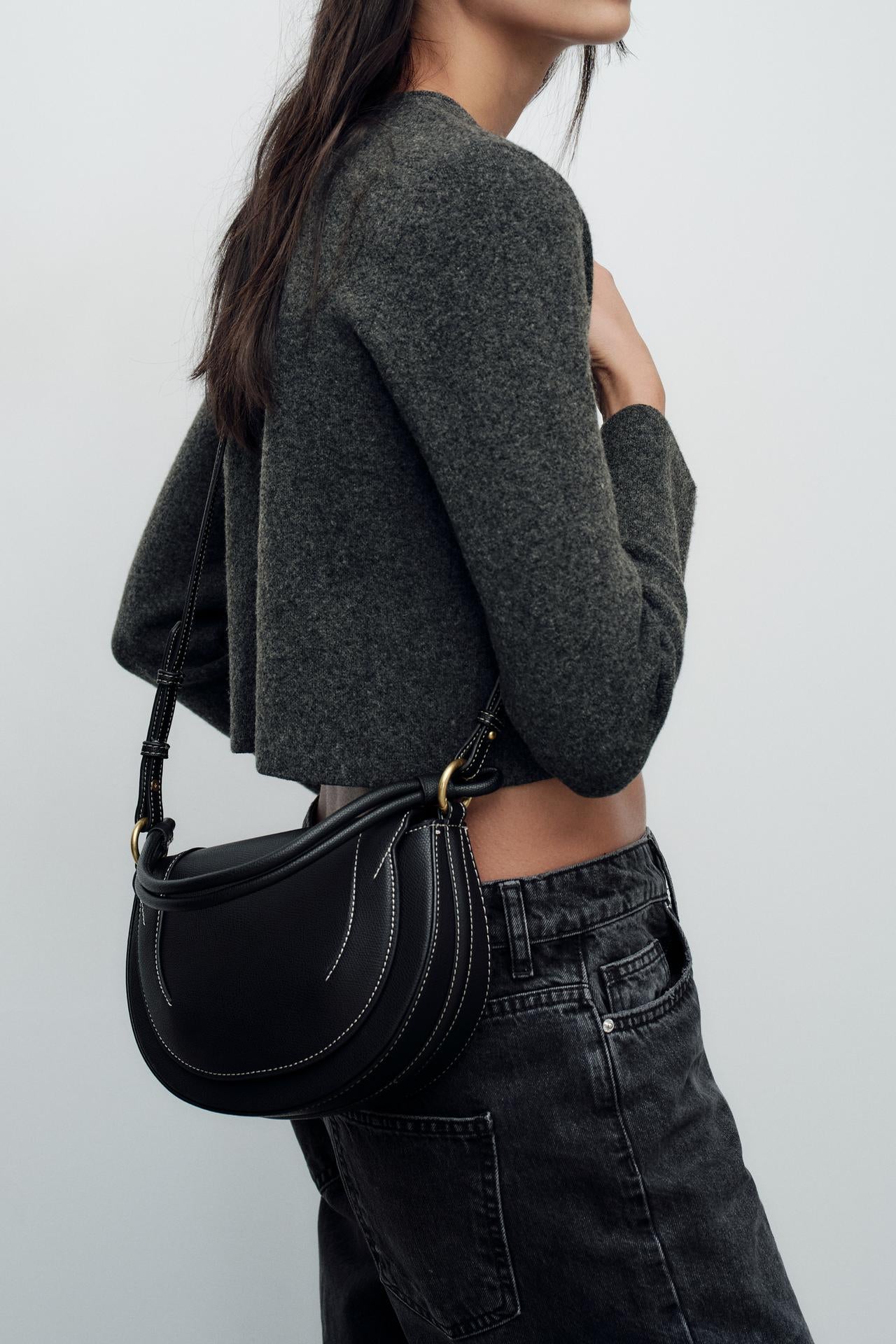 ZARA CANVAS STITCHED CROSSBODY BAG  Black