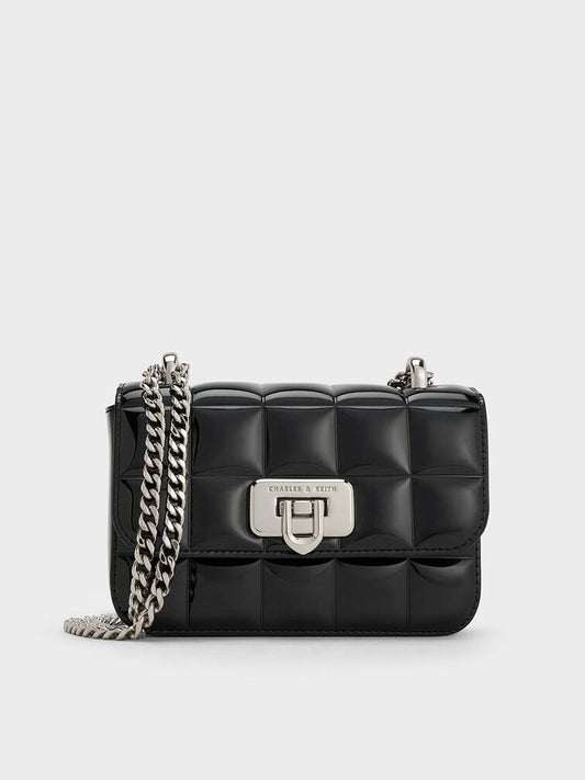C & K Patent Square-Quilted Chain-Handle Bag - Noir