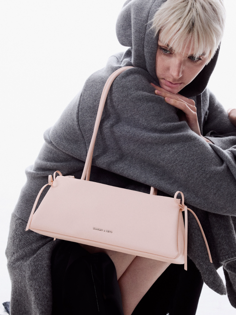 Charles & Keith - Hazel Bow Elongated Trapeze Shoulder Bag- Pink