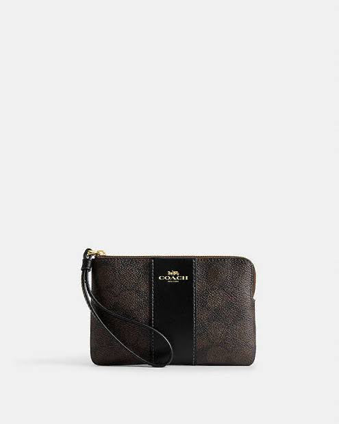 Coach Corner Zip Wristlet In Signature Canvas With Stripe