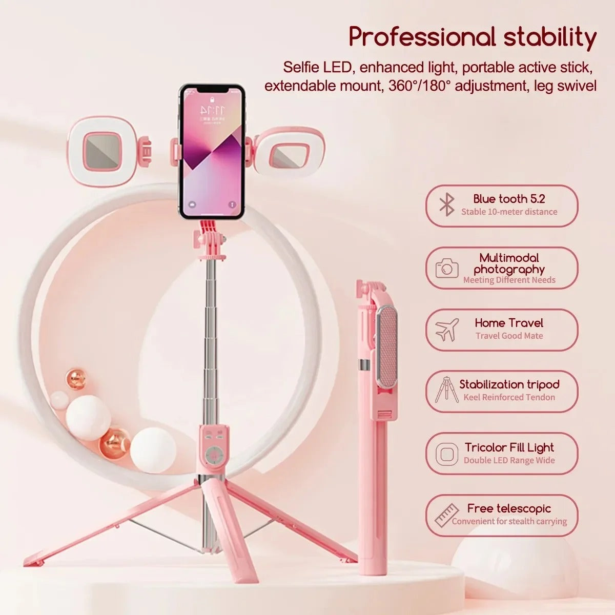 Selfie Stick Tripod 1.3M with Led Ring Light Detachable Remote 360 Rotation