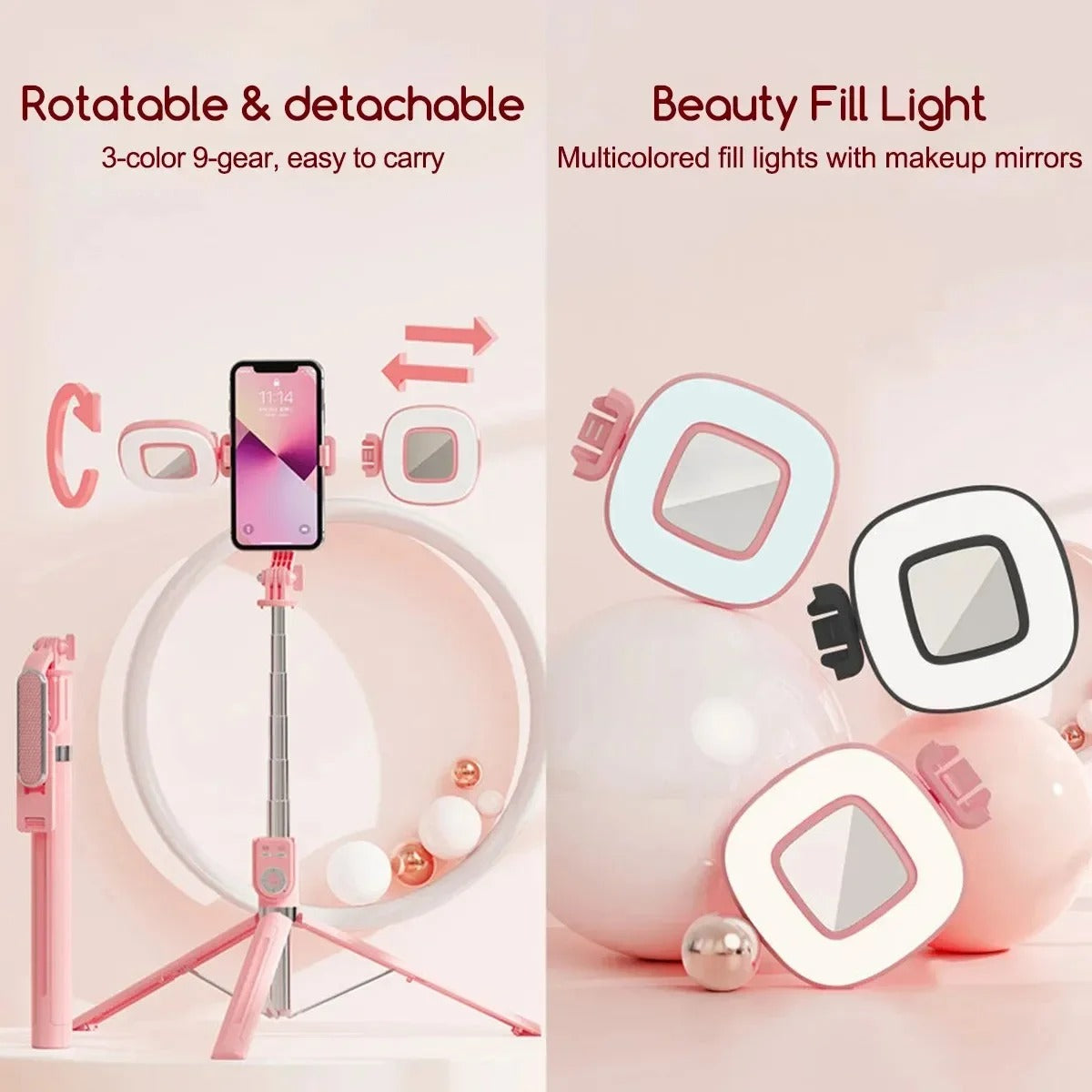 Selfie Stick Tripod 1.3M with Led Ring Light Detachable Remote 360 Rotation